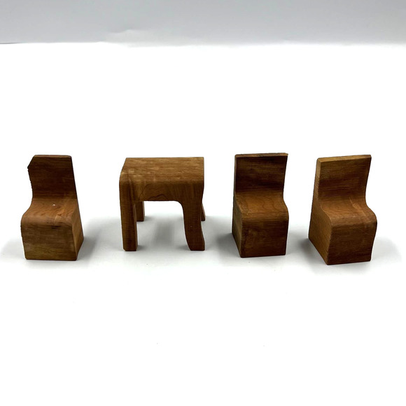 Vintage Set Wooden Hand Made Miniature Doll House Table 3 Chairs Primitive - Picture 6 of 11